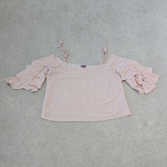 Vince Camuto Cold Shoulder Tiered Sleeve Pink & White Polka Dot Blouse Size XL - Picture 2 of 8
